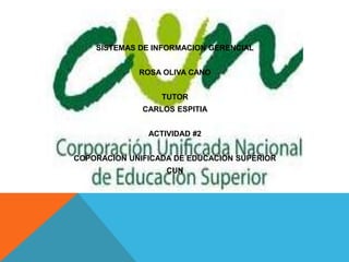 SISTEMAS DE INFORMACION GERENCIAL


             ROSA OLIVA CANO


                  TUTOR
              CARLOS ESPITIA


               ACTIVIDAD #2


COPORACION UNIFICADA DE EDUCACION SUPERIOR
                   CUN
 