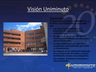 Visión Uniminuto
        Nuestra Visión
        El Sistema Universitario UNIMINUTO, en
        el 2012, será reconocido en Colombia
        por:
        • Las vivencias espirituales y la
            presencia de Dios en el ámbito
            universitario.
        • Su aporte al desarrollo del país a
            través de la formación en Educación
            para el Desarrollo.
        • La alta calidad de sus programas
            académicos estructurados por ciclos
            y competencias.
        • Su impacto en la cobertura originado
            en el número de sus Sedes y la gran
            facilidad de acceso a sus programas.
        • Sus amplias relaciones nacionales e
            internacionales.
 