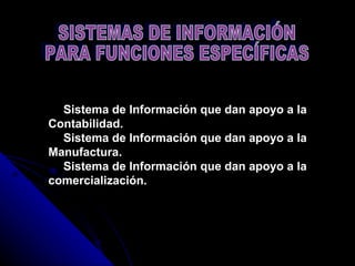   Sistema de Información que dan apoyo a la Contabilidad.      Sistema de Información que dan apoyo a la Manufactura.      Sistema de Información que dan apoyo a la comercialización.   SISTEMAS DE INFORMACIÓN PARA FUNCIONES ESPECÍFICAS 