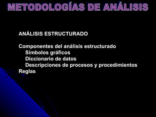 ANÁLISIS ESTRUCTURADO Componentes del análisis estructurado      Símbolos gráficos     Diccionario de datos     Descripciones de procesos y procedimientos Reglas METODOLOGÍAS DE ANÁLISIS 