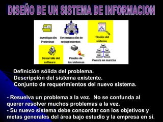   Definición sólida del problema.      Descripción del sistema existente.      Conjunto de requerimientos del nuevo sistema. - Resuelva un problema a la vez.  No se confunda al querer resolver muchos problemas a la vez.  - Su nuevo sistema debe concordar con los objetivos y metas generales del área bajo estudio y la empresa en sí.   DISEÑO DE UN SISTEMA DE INFORMACION 