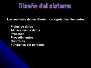 Los analistas deben diseñar los siguientes elementos:         Flujos de datos     Almacenes de datos     Procesos     Procedimientos     Controles     Funciones del personal Diseño del sistema 
