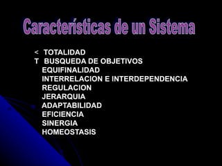   TOTALIDAD     BUSQUEDA DE OBJETIVOS   EQUIFINALIDAD   INTERRELACION E INTERDEPENDENCIA   REGULACION   JERARQUIA   ADAPTABILIDAD   EFICIENCIA   SINERGIA   HOMEOSTASIS Características de un Sistema 