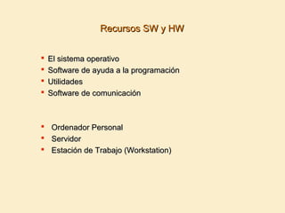 Recursos SW y HWRecursos SW y HW
 El sistema operativoEl sistema operativo
 Software de ayuda a la programaciónSoftware de ayuda a la programación
 UtilidadesUtilidades
 Software de comunicaciónSoftware de comunicación
 Ordenador PersonalOrdenador Personal
 ServidorServidor
 Estación de Trabajo (Workstation)Estación de Trabajo (Workstation)
 