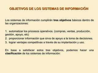OBJETIVOS DE LOS SISTEMAS DE INFORMACIÓNOBJETIVOS DE LOS SISTEMAS DE INFORMACIÓN
Los sistemas de información cumpliránLos sistemas de información cumplirán tres objetivostres objetivos básicos dentro debásicos dentro de
las organizaciones:las organizaciones:
1. automatizar los procesos operativos. (compras, ventas, producción,1. automatizar los procesos operativos. (compras, ventas, producción,
gestión, apoyo, etc)gestión, apoyo, etc)
2. proporcionar información que sirva de apoyo a la toma de decisiones.2. proporcionar información que sirva de apoyo a la toma de decisiones.
3. lograr ventajas competitivas a través de su implantación y uso.3. lograr ventajas competitivas a través de su implantación y uso.
En base a satisfacer estos tres objetivos, podemos hacer unaEn base a satisfacer estos tres objetivos, podemos hacer una
clasificaciónclasificación de los sistemas de información:de los sistemas de información:
 