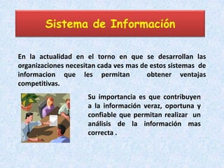 Sistema de Información

En la actualidad en el torno en que se desarrollan las
organizaciones necesitan cada ves mas de estos sistemas de
informacion que les permitan            obtener ventajas
competitivas.
                     Su importancia es que contribuyen
                     a la información veraz, oportuna y
                     confiable que permitan realizar un
                     análisis de la información mas
                     correcta .
 