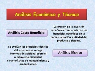 Análisis Económico y Técnico

                                        Valoración de la inversión
                                      económica comparada con los
Análisis Costo Beneficio:               beneficios obtenidos en la
                                      comercialización y utilidad del
                                           producto o sistema.

 Se evalúan los principios técnicos
      del sistema y se recoge
  información adicional sobre el            Análisis Técnico
      rendimiento, fiabilidad,
características de mantenimiento y
           productividad.
 
