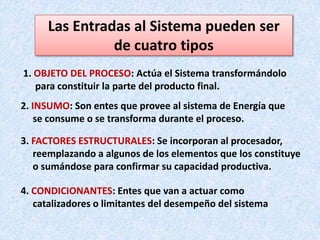 Las Entradas al Sistema pueden ser
                de cuatro tipos
1. OBJETO DEL PROCESO: Actúa el Sistema transformándolo
   para constituir la parte del producto final.
2. INSUMO: Son entes que provee al sistema de Energía que
    se consume o se transforma durante el proceso.

3. FACTORES ESTRUCTURALES: Se incorporan al procesador,
   reemplazando a algunos de los elementos que los constituye
   o sumándose para confirmar su capacidad productiva.

4. CONDICIONANTES: Entes que van a actuar como
   catalizadores o limitantes del desempeño del sistema
 