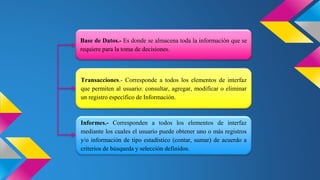 Base de Datos.- Es donde se almacena toda la información que se
requiere para la toma de decisiones.
Transacciones.- Corresponde a todos los elementos de interfaz
que permiten al usuario: consultar, agregar, modificar o eliminar
un registro específico de Información.
Informes.- Corresponden a todos los elementos de interfaz
mediante los cuales el usuario puede obtener uno o más registros
y/o información de tipo estadístico (contar, sumar) de acuerdo a
criterios de búsqueda y selección definidos.
 