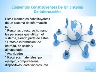 Estos elementos constituyentes 
de un sistema de información 
son: 
* Personas o recurso humano: 
las personas que utilizan el 
sistema, siendo parte de éstos. 
* Datos e información: de 
entrada, de salida y 
almacenada. 
* Actividades 
* Recursos materiales: por 
ejemplo, computadoras, 
dispositivos, archivadores, etc. 
 