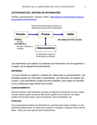 SISTEMAS DE LA ADMINISTRACIÓN DE LA INFORMACIÓN. 4
ACTIVIDADES DEL SISTEMA DE INFORMACIÓN
“Entrada, almacenamiento, proceso y salida.” http://izamorar.com/actividades-basicas-
de-un-sistema-de-informacion/
Las actividades que realizan los sistemas de información son las siguientes y
cumplen con el siguiente funcionamiento:
ENTRADA:
La cual consiste en capturar y prepara los datos para su procesamiento. Las
entradas pueden ser manuales o automáticas. Las manuales se realizan por
usuario, y las automáticas surgen de otros sistemas, para luego ser llevados
a una unidad que luego realiza otra función.
ALMACENAMIENTO:
Esta es la función más importante que tiene el sistema de información ya que a través
de este sistema puede recordar la información guarda en los archivos, los cuales
pueden ser los discos duros, discos compactos, discos magnéticos. etc.
PROCESO:
Es la capacidad del sistema de información la cual tiene para realizar cálculos, la cual
permite la transformación en datos que consiste en manipula y organiza la forma de los
datos. Estos nos sirven para la toma de decisiones.
 
