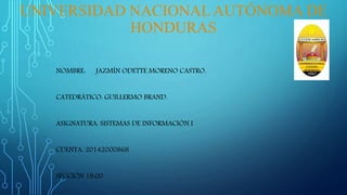 UNIVERSIDAD NACIONAL AUTÓNOMA DE
HONDURAS
NOMBRE: JAZMÍN ODETTE MORENO CASTRO.
CATEDRÁTICO: GUILLERMO BRAND.
ASIGNATURA: SISTEMAS DE INFORMACIÓN I
CUENTA: 20142000868
SECCIÓN 18:00
 