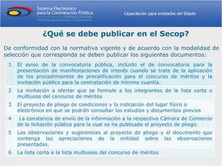 ¿Qué se debe publicar en el Secop?
De conformidad con la normativa vigente y de acuerdo con la modalidad de
selección que corresponda se deben publicar los siguientes documentos:
 1   El aviso de la convocatoria pública, incluido el de convocatoria para la
     presentación de manifestaciones de interés cuando se trate de la aplicación
     de los procedimientos de precalificación para el concurso de méritos y la
     invitación pública para la contratación de mínima cuantía.
 2   La invitación a ofertar que se formule a los integrantes de la lista corta o
     multiusos del concurso de méritos
 3   El proyecto de pliego de condiciones y la indicación del lugar físico o
     electrónico en que se podrán consultar los estudios y documentos previos
 4    La constancia de envío de la información a la respectiva Cámara de Comercio
     de la licitación pública para la cual se ha publicado el proyecto de pliego.
 5   Las observaciones y sugerencias al proyecto de pliego y el documento que
     contenga las apreciaciones de la entidad sobre las observaciones
     presentadas.
 6   La lista corta o la lista multiusos del concurso de méritos
 