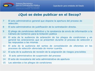 ¿Qué se debe publicar en el Secop?
7    El acto administrativo general que dispone la apertura del proceso de
     selección.
8    El acto administrativo de justificación de la contratación directa.

9    El pliego de condiciones definitivo y la constancia de envío de información a la
     Cámara de Comercio para la licitación pública
10   El acta de la audiencia de aclaración de los pliegos de condiciones y en
     general las aclaraciones que se presenten durante el proceso de selección y
     las respuestas a las mismas
11   El acta de la audiencia del sorteo de consolidación de oferentes en los
     procesos de selección abreviada de menor cuantía.
12   El acta de la audiencia de revisión de la asignación de riesgos previsibles
13   El acto administrativo de suspensión del proceso
14   El acto de revocatoria del acto administrativo de apertura
15   Las adendas a los pliegos de condiciones
 