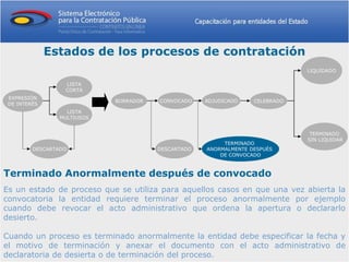 Estados de los procesos de contratación
                                                                               LIQUIDADO

                  LISTA
                  CORTA
 EXPRESIÓN
                             BORRADOR   CONVOCADO    ADJUDICADO    CELEBRADO
 DE INTERÉS
                   LISTA
                 MULTIUSOS


                                                                                TERMINADO
                                                                               SIN LIQUIDAR
                                                          TERMINADO
         DESCARTADO                     DESCARTADO   ANORMALMENTE DESPUÉS
                                                         DE CONVOCADO



Terminado Anormalmente después de convocado
Es un estado de proceso que se utiliza para aquellos casos en que una vez abierta la
convocatoria la entidad requiere terminar el proceso anormalmente por ejemplo
cuando debe revocar el acto administrativo que ordena la apertura o declararlo
desierto.

Cuando un proceso es terminado anormalmente la entidad debe especificar la fecha y
el motivo de terminación y anexar el documento con el acto administrativo de
declaratoria de desierta o de terminación del proceso.
 