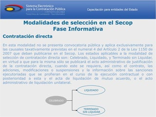 Modalidades de selección en el Secop
                    Fase Informativa
Contratación directa
En esta modalidad no se presenta convocatoria pública y aplica exclusivamente para
las causales taxativamente previstas en el numeral 4 del Artículo 2 de la Ley 1150 de
2007 que deban publicarse en el Secop. Los estados aplicables a la modalidad de
selección de contratación directa son: Celebrado, Liquidado, y Terminado sin Liquidar,
en virtud a que para la misma sólo se publicará el acto administrativo de justificación
de la contratación directa, cuando este se requiera, así como el contrato, las
adiciones, modificaciones o suspensiones y la información sobre las sanciones
ejecutoriadas que se profieran en el curso de la ejecución contractual o con
posterioridad a esta y el acta de liquidación de mutuo acuerdo, o el acto
administrativo de liquidación unilateral.

                                               LIQUIDADO



                          CELEBRADO


                                               TERMINADO
                                              SIN LIQUIDAR
 
