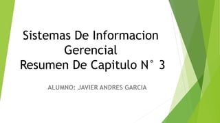 Sistemas De Informacion
Gerencial
Resumen De Capitulo N° 3
ALUMNO: JAVIER ANDRES GARCIA
 