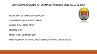 UNIVERSIDAD NACIONAL AUTONOMA DE HONDURAS EN EL VALLE DE SULA
ASIGNATURA: SISTEMAS DE INFORMACION I
CATEDRATICO: ING. GUILLERMO BRAND
ALUMNA: ELSY LIZZETH ORTIZ
SECCION: 18:01
FECHA: 06 DE FEBRERO DE 2017
TEMA: RESUMEN CAPITULO 1, LIBRO SISTEMA DE INFORMACION GERENCIAL
 
