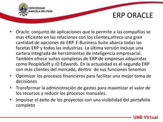 ERP ORACLE
• Oracle: conjunto de aplicaciones que le permite a las compañias se
mas eficiente en las relaciones con los clientes,ofrece una gran
cantidad de opciones de ERP. E-Business Suite abarca todas las
facetas ERP y todas las industrias. La última versión incluye una
cartera integrada de herramientas de inteligencia empresarial.
También ofrece suites completas de ERP de empresas adquiridas
como PeopleSoft y JD Edwards. En la actualidad es el segundo ERP
con más clientes del mercado, dentro de sus funciones tenemos
• Optimizar los procesos financieros para facilitar una mejor toma de
decisiones
• Transformar la administración de gastos para maximizar el valor de
los recursos y reducir los procesos manuales.
• Impulsar el éxito de los proyectos con una visibilidad del portafolio
completo
 