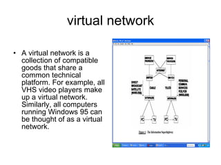 virtual network A virtual network is a collection of compatible goods that share a common technical platform. For example, all VHS video players make up a virtual network. Similarly, all computers running Windows 95 can be thought of as a virtual network.  