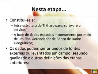 Nesta etapa...
• Constitui-se a:
– Intra-estrutura de TI (hardware, software e
serviços);
– A base de dados espaciais – comumente por meio
de um Sist. Gerenciador de Banco de Dados
Geográficos;
• Os dados podem ser oriundos de fontes
externas ou levantados em campo, segundo
qualidade e outras definições das etapas
anteriores;
 