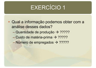 EXERCÍCIO 1
• Qual a informação podemos obter com a
análise desses dados?
– Quantidade de produção  ?????
– Custo de matéria-prima  ?????
– Número de empregados  ?????
 