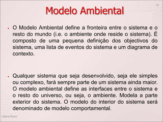 Modelo Ambiental
 O Modelo Ambiental define a fronteira entre o sistema e o
resto do mundo (i.e. o ambiente onde reside o sistema). É
composto de uma pequena definição dos objectivos do
sistema, uma lista de eventos do sistema e um diagrama de
contexto.
 Qualquer sistema que seja desenvolvido, seja ele simples
ou complexo, fará sempre parte de um sistema ainda maior.
O modelo ambiental define as interfaces entre o sistema e
o resto do universo, ou seja, o ambiente. Modela a parte
exterior do sistema. O modelo do interior do sistema será
denominado de modelo comportamental.
Liliana Ruivo
15
 