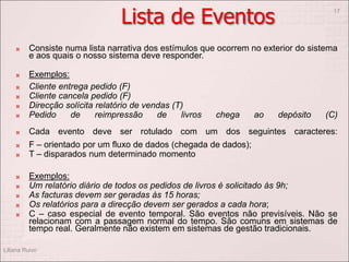 Lista de Eventos
 Consiste numa lista narrativa dos estímulos que ocorrem no exterior do sistema
e aos quais o nosso sistema deve responder.
 Exemplos:
 Cliente entrega pedido (F)
 Cliente cancela pedido (F)
 Direcção solícita relatório de vendas (T)
 Pedido de reimpressão de livros chega ao depósito (C)
 Cada evento deve ser rotulado com um dos seguintes caracteres:
 F – orientado por um fluxo de dados (chegada de dados);
 T – disparados num determinado momento
 Exemplos:
 Um relatório diário de todos os pedidos de livros é solicitado às 9h;
 As facturas devem ser geradas às 15 horas;
 Os relatórios para a direcção devem ser gerados a cada hora;
 C – caso especial de evento temporal. São eventos não previsíveis. Não se
relacionam com a passagem normal do tempo. São comuns em sistemas de
tempo real. Geralmente não existem em sistemas de gestão tradicionais.
Liliana Ruivo
17
 