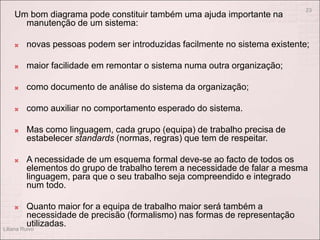 Um bom diagrama pode constituir também uma ajuda importante na
manutenção de um sistema:
 novas pessoas podem ser introduzidas facilmente no sistema existente;
 maior facilidade em remontar o sistema numa outra organização;
 como documento de análise do sistema da organização;
 como auxiliar no comportamento esperado do sistema.
 Mas como linguagem, cada grupo (equipa) de trabalho precisa de
estabelecer standards (normas, regras) que tem de respeitar.
 A necessidade de um esquema formal deve-se ao facto de todos os
elementos do grupo de trabalho terem a necessidade de falar a mesma
linguagem, para que o seu trabalho seja compreendido e integrado
num todo.
 Quanto maior for a equipa de trabalho maior será também a
necessidade de precisão (formalismo) nas formas de representação
utilizadas.
Liliana Ruivo
23
 