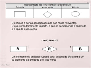 Liliana Ruivo
33
Os nomes a dar às associações não são muito relevantes.
O que verdadeiramente importa, é que se compreenda o conteúdo
e o tipo de associação.
um-para-um
Um elemento da entidade A pode estar associado (R) a um e um
só elemento da entidade B e Vice-versa
 