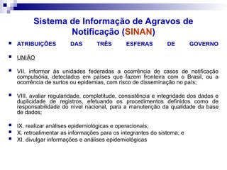  ATRIBUIÇÕES DAS TRÊS ESFERAS DE GOVERNO
 UNIÃO
 VII. informar às unidades federadas a ocorrência de casos de notificação
compulsória, detectados em países que fazem fronteira com o Brasil, ou a
ocorrência de surtos ou epidemias, com risco de disseminação no país;
 VIII. avaliar regularidade, completitude, consistência e integridade dos dados e
duplicidade de registros, efetuando os procedimentos definidos como de
responsabilidade do nível nacional, para a manutenção da qualidade da base
de dados;
 IX. realizar análises epidemiológicas e operacionais;
 X. retroalimentar as informações para os integrantes do sistema; e
 XI. divulgar informações e análises epidemiológicas
Sistema de Informação de Agravos de
Notificação (SINAN)
 