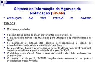  ATRIBUIÇÕES DAS TRÊS ESFERAS DE GOVERNO
ESTADOS
 Compete aos estados:
 I. consolidar os dados do Sinan provenientes dos municípios;
 II. prestar apoio técnico aos municípios para utilização e operacionalização do
Sinan;
 III. coordenar a seleção dos códigos correspondentes a tabela de
estabelecimentos de saúde a ser utilizada pelo Sinan;
 IV. estabelecer fluxos e prazos para o envio de dados pelo nível municipal,
respeitando os fluxos e prazos estabelecidos pela SVS/MS;
 V. distribuir as versões do Sinan e seus instrumentos de coleta de dados para
os municípios;
 VI. enviar os dados à SVS/MS regularmente, observados os prazos
estabelecidos nesta Portaria;
Sistema de Informação de Agravos de
Notificação (SINAN)
 