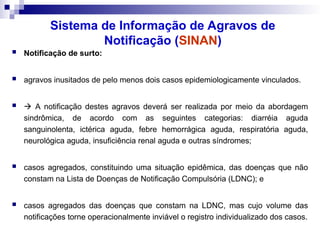  Notificação de surto:
 agravos inusitados de pelo menos dois casos epidemiologicamente vinculados.
  A notificação destes agravos deverá ser realizada por meio da abordagem
sindrômica, de acordo com as seguintes categorias: diarréia aguda
sanguinolenta, ictérica aguda, febre hemorrágica aguda, respiratória aguda,
neurológica aguda, insuficiência renal aguda e outras síndromes;
 casos agregados, constituindo uma situação epidêmica, das doenças que não
constam na Lista de Doenças de Notificação Compulsória (LDNC); e
 casos agregados das doenças que constam na LDNC, mas cujo volume das
notificações torne operacionalmente inviável o registro individualizado dos casos.
Sistema de Informação de Agravos de
Notificação (SINAN)
 