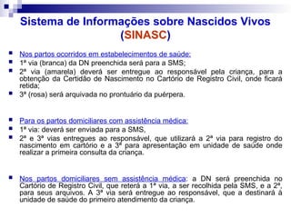 Sistema de Informações sobre Nascidos Vivos
(SINASC)
 Nos partos ocorridos em estabelecimentos de saúde:
 1ª via (branca) da DN preenchida será para a SMS;
 2ª via (amarela) deverá ser entregue ao responsável pela criança, para a
obtenção da Certidão de Nascimento no Cartório de Registro Civil, onde ficará
retida;
 3ª (rosa) será arquivada no prontuário da puérpera.
 Para os partos domiciliares com assistência médica:
 1ª via: deverá ser enviada para a SMS,
 2ª e 3ª vias entregues ao responsável, que utilizará a 2ª via para registro do
nascimento em cartório e a 3ª para apresentação em unidade de saúde onde
realizar a primeira consulta da criança.
 Nos partos domiciliares sem assistência médica: a DN será preenchida no
Cartório de Registro Civil, que reterá a 1ª via, a ser recolhida pela SMS, e a 2ª,
para seus arquivos. A 3ª via será entregue ao responsável, que a destinará à
unidade de saúde do primeiro atendimento da criança.
 