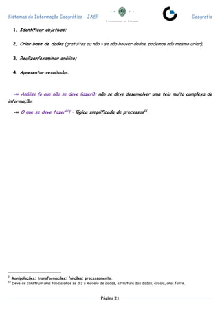 Sistemas de Informação Geográfica - JASP Geografia
Página 21
1. Identificar objetivos;
2. Criar base de dados (gratuitos ou não – se não houver dados, podemos nós mesmo criar);
3. Realizar/examinar análise;
4. Apresentar resultados.
-» Análise (o que não se deve fazer!): não se deve desenvolver uma teia muito complexa de
informação.
-» O que se deve fazer21
! – lógica simplificada de processos22
.
21
Manipulações; transformações; funções; processamento.
22
Deve-se construir uma tabela onde se diz o modelo de dados, estrutura dos dados, escala, ano, fonte.
 