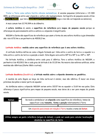 Sistemas de Informação Geográfica - JASP Geografia
Página 30
Tratar a Terra como esfera facilita cálculos matemáticos. A escalas pequenas (inferiores a :1:5 000
000), as diferenças entre usar elipsoide e esfera são negligenciáveis. Cartografia de pequena escala utiliza
a esfera Autálica, que tem a mesma superfície que o elipsoide (logo o raio não corresponde ao semieixo).
A mais comum tem 12.741.994 m de diâmetro.
A esfera Autálica é, assim, a superfície de referência para mapas de pequena escala porque as
diferenças de posicionamento entre a esfera e o elipsoide é insignificante.
WGS84 e Clarke são superfícies de referência que usam a forma de uma esfera Autálica cujas dimensões
são: raio-6731 km e um perímetro de 40030,2 km.
Latitude Autálica: medida sobre uma superfície de referência que é uma esfera Autálica.
A Latitude Autálica define-se como o ângulo formado por: linha entre o centro da terra e o equador e a
linha entre o centro da terra e a posição a medir. Este ângulo varia entre 90º N e 90º S ou +90º e -90º.
Na latitude Autálica, a distância entre cada grau é idêntica. Para a esfera Autálica de WGS84, o
perímetro é de 40,030.2 Km e cada grau de latitude é de 111.20 km. Na maioria das esferas autálicas, estas
medidas são idênticas (Clarke 1866 e outras).
Latitude Geodésica (Geodética): a latitude medida sobre o elipsoide denomina-se geodética.
A medida de este ângulo ao largo da linha norte-sul é similar, mas não idêntica. É maior em áreas
próximas dos pólos e menor perto do equador.
As distâncias sobre o elipsoide WGS84 variam entre 110.57 km no equador e 11.69 km nos polos. Esta
diferença é pouco significativa para mapas de pequena escala, mas deixa de o ser para mapas de grande
escala.
Datum De modo a estabelecer um elipsoide como superfície de referência, temos de
especificar o seu tamanho, forma e posição relativamente à Terra
Um elipsoide posicionado em relação à Terra recebe o nome de Datum
Utiliza sempre um ponto referência (origem do datum), e pode ser usado para calcular localizações
absolutas na superfície da terra.
 