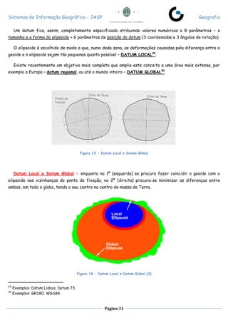 Sistemas de Informação Geográfica - JASP Geografia
Página 31
Um datum fica, assim, completamente especificado atribuindo valores numéricos a 8 parâmetros – o
tamanho e a forma do elipsoide + 6 parâmetros de posição do datum (3 coordenadas e 3 ângulos de rotação).
O elipsoide é escolhido de modo a que, numa dada zona, as deformações causadas pela diferença entre o
geoide e o elipsoide sejam tão pequenas quanto possível – DATUM LOCAL29
.
Existe recentemente um objetivo mais completo que amplia este conceito a uma área mais extensa, por
exemplo a Europa – datum regional, ou até o mundo inteiro – DATUM GLOBAL30
.
Figura 13 - Datum Local e Datum Global
Datum Local e Datum Global – enquanto no 1º (esquerda) se procura fazer coincidir o geoide com o
elipsoide nas vizinhanças do ponto de fixação, no 2º (direita) procura-se minimizar as diferenças entre
ambos, em todo o globo, tendo o seu centro no centro de massa da Terra.
Figura 14 - Datum Local e Datum Global (2)
29
Exemplos: Datum Lisboa; Datum 73.
30
Exemplos: GRS80; WGS84.
 