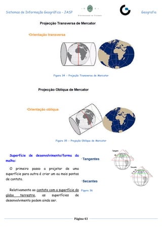 Sistemas de Informação Geográfica - JASP Geografia
Página 43
Figura 34 - Projeção Transversa de Mercator
Figura 35 - Projeção Oblíqua de Mercator
Superfície de desenvolvimento/forma da
malha:
O primeiro passo a projetar de uma
superfície para outra é criar um ou mais pontos
de contato.
Relativamente ao contato com a superfície do
globo terrestre, as superfícies de
desenvolvimento podem ainda ser.
Figura 36
 