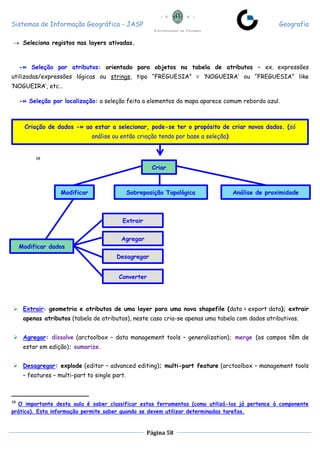 Sistemas de Informação Geográfica - JASP Geografia
Página 58
 Seleciona registos nas layers ativadas.
-» Seleção por atributos: orientado para objetos na tabela de atributos – ex. expressões
utilizadas/expressões lógicas ou strings, tipo “FREGUESIA” = ‘NOGUEIRA’ ou “FREGUESIA” like
‘NOGUEIRA’, etc…
-» Seleção por localização: a seleção feita a elementos do mapa aparece comum rebordo azul.
38
 Extrair: geometria e atributos de uma layer para uma nova shapefile (data > export data); extrair
apenas atributos (tabela de atributos), neste caso cria-se apenas uma tabela com dados atributivos.
 Agregar: dissolve (arctoolbox – data management tools – generalization); merge (os campos têm de
estar em edição); sumarize.
 Desagregar: explode (editor – advanced editing); multi-part feature (arctoolbox – management tools
– features – multi-part to single part.
38
O importante desta aula é saber classificar estas ferramentas (como utilizá-las já pertence à componente
prática). Esta informação permite saber quando se devem utilizar determinadas tarefas.
Criação de dados -» ao estar a selecionar, pode-se ter o propósito de criar novos dados. (só
análise ou então criação tendo por base a seleção)
Criar
Modificar Sobreposição Topológica Análise de proximidade
Modificar dados
Extrair
Agregar
Desagregar
Converter
 