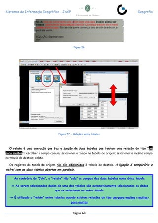 Sistemas de Informação Geográfica - JASP Geografia
Página 68
Figura 56
Figura 57 - Relações entre tabelas
O relate é uma operação que faz a junção de duas tabelas que tenham uma relação do tipo “um
para muitos”: escolher o campo comum; selecionar o campo na tabela de origem; selecionar o mesmo campo
na tabela de destino; relate.
Os registos da tabela de origem não são adicionados à tabela de destino. A ligação é temporária e
visível com as duas tabelas abertas em paralelo.
Ao contrário do “Join”, o “relate” não “cola” os campos das duas tabelas numa única tabela
-» Ao serem selecionados dados de uma das tabelas são automaticamente selecionados os dados
que se relacionam na outra tabela
-» É utilizado o “relate” entre tabelas quando existem relações do tipo um-para-muitos e muitos-
para-muitos
 