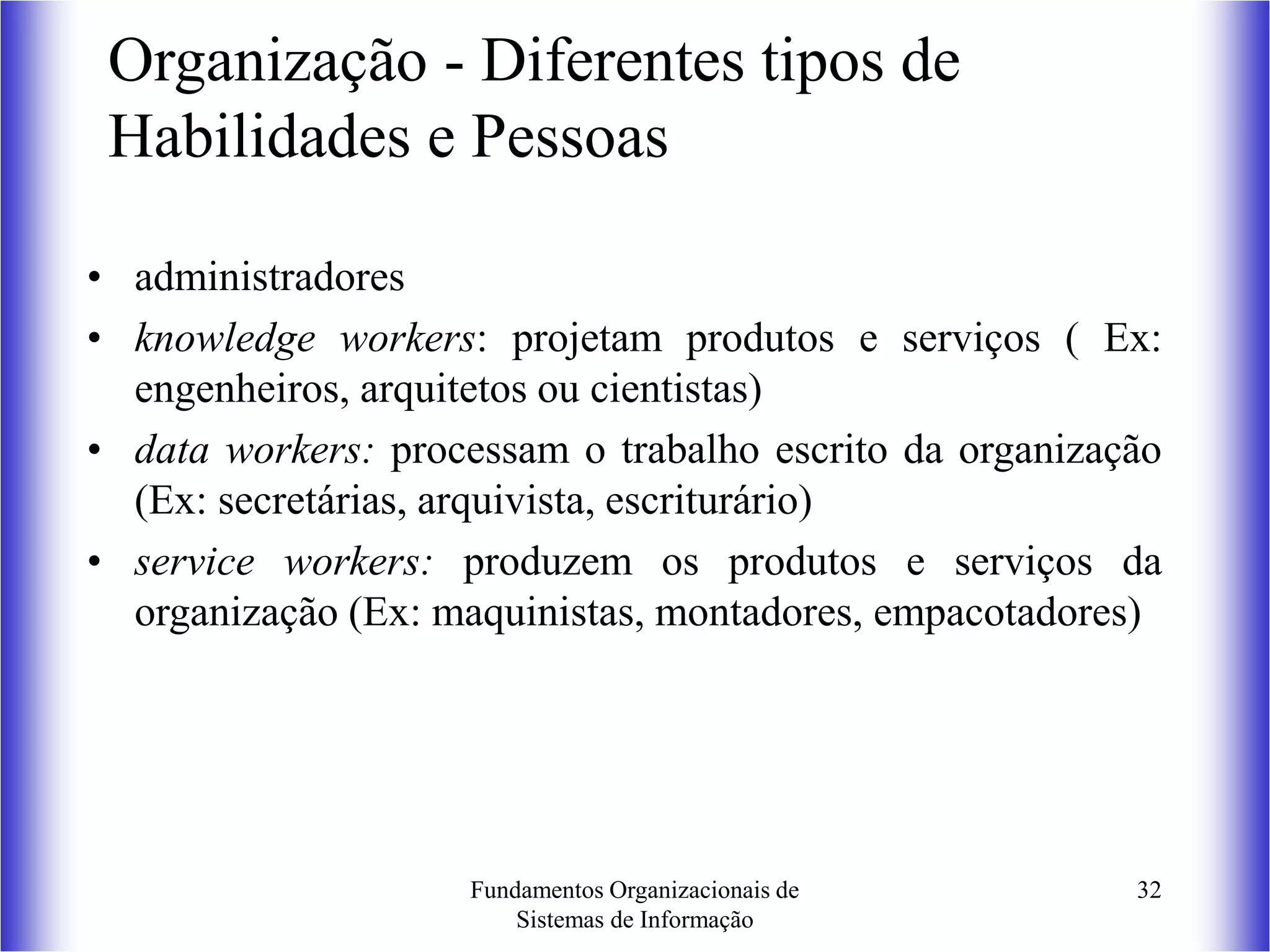 Fundamentos Organizacionais de
Sistemas de Informação
32
Organização - Diferentes tipos de
Habilidades e Pessoas
• administradores
• knowledge workers: projetam produtos e serviços ( Ex:
engenheiros, arquitetos ou cientistas)
• data workers: processam o trabalho escrito da organização
(Ex: secretárias, arquivista, escriturário)
• service workers: produzem os produtos e serviços da
organização (Ex: maquinistas, montadores, empacotadores)
 