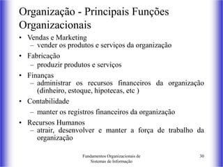 Fundamentos Organizacionais de
Sistemas de Informação
30
Organização - Principais Funções
Organizacionais
• Vendas e Marketing
– vender os produtos e serviços da organização
• Fabricação
– produzir produtos e serviços
• Finanças
– administrar os recursos financeiros da organização
(dinheiro, estoque, hipotecas, etc )
• Contabilidade
– manter os registros financeiros da organização
• Recursos Humanos
– atrair, desenvolver e manter a força de trabalho da
organização
 