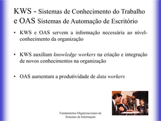 Fundamentos Organizacionais de
Sistemas de Informação
45
KWS - Sistemas de Conhecimento do Trabalho
e OAS Sistemas de Automação de Escritório
• KWS e OAS servem a informação necessária ao nível-
conhecimento da organização
• KWS auxiliam knowledge workers na criação e integração
de novos conhecimentos na organização
• OAS aumentam a produtividade de data workers
 