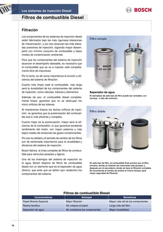 Los sistemas de inyección Diesel

     Filtros de combustible Diesel

     Filtración
     Los componentes de los sistemas de inyección diesel
     están fabricados bajo las más rigurosas tolerancias
                                                                    Filtro simple
     de mecanización, y por eso alcanzan las más eleva-
     das presiones de inyección, logrando mayor desem-
     peño con mínimo consumo de combustible y bajos
     niveles de contaminación ambiental.

     Para que los componentes del sistema de inyección
     alcancen el desempeño deseable, es necesario que
     el combustible que se va a inyectar esté completa-
     mente libre de impurezas.

     Por lo tanto, es de suma importancia la función y efi-
     ciencia del sistema de filtración.

     Cuanto más limpio esté el combustible, más larga
     será la durabilidad de los componentes del sistema
     de inyección, como válvulas, toberas y elementos.              Separador de agua
                                                                    El reemplazo de este tipo de filtro puede ser completo, con
     Además de eso, el combustible diesel completa-                 carcasa, o sólo del cartucho.
     mente limpio, garantiza que no se obstruyan los
     micro orificios de las toberas.

     Al mantenerse limpios los dichos orificios de inyec-
                                                                    Filtro doble
     ción, se garantiza que la pulverización del combusti-
     ble sea lo más eficiente y completa.

     Cuanto mejor es la pulverización, mayor será la efi-
     ciencia de la combustión, lo que garantiza excelente
     rendimiento del motor, con mayor potencia y más
     bajos niveles de emisiones de gases contaminantes.

     Por eso la calidad y el periodo de cambio de los filtros
     son de extremada importancia para la durabilidad y
     eficiencia del sistema de inyección.

     Bosch fabrica la línea completa de filtros de combus-
     tible para vehículos pesados y ligeros.

     Uno de los enemigos del sistema de inyección es
     el agua. Bosch dispone de filtros de combustible               En este tipo de filtro, el combustible fluye primero por el filtro
                                                                    primario, donde se retienen las impurezas más gruesas, y
     diesel con un elemento que es el separador de agua
                                                                    después por el secundario, donde se hace la filtración completa.
     (dreno), que evita que se dañen (por oxidación) los            Se recomienda el cambio de ambos al mismo tiempo, para
     componentes del sistema.                                       mayor seguridad de filtración.




                                           Filtros de combustible Diesel
                 Características                             Ventajas                                   Beneficios
      Papel filtrante Especial                Mejor filtración                           Mayor vida útil de los componentes
      Resina fenólica                         No colapsa el papel                        Larga vida del filtro
      Separador de agua                       No contamina los componentes               Mayor durabilidad.




10
 