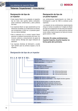 Los sistemas de inyección Diesel

     Toberas (inyectores) - Ficha técnica

     Designación de tipo de                                     Designación de tipo de
     un inyector                                                un porta-inyector:
     • Cada inyector Bosch se ha adaptado al respectivo         Las combinaciones inyector/soporte con fecha de
       tipo de motor, esto significa óptima combustión,         homologación a partir de 1999 no contienen porta-
       pocas sustancias contaminantes y plena potencia          inyectores.
       del motor.
                                                                 La rotulación de las combinaciones inyector/soporte
     • Los inyectores Bosch se rigen exactamente por las        incluye el número de pedido de 10 dígitos de Bosch
       tolerancias acordadas con el fabricante de motores,      (en lugar de la designación de tipo del porta-inyector).
       que corresponden a 0.005 mm. La precisión garan-         También se modifican en su mayor parte las combina-
       tiza una máxima fiabilidad.                              ciones válidas inyector/soporte con fecha de homolo-
                                                                gación anterior a 1999.
     • Sólo la aplicación de un correcto inyector Bosch
       garantiza un perfecto funcionamiento del motor, con
       consumo, potencia y comportamiento de gases de           Atención: En estas combinaciones
       escape óptimos. Montaje sólo según indicación de         inyector/soporte, el porta-inyector no
       aplicación.                                              forma parte del suministro.
     • Las rigurosas directivas de fabricación y prueba
       rigen también para los primeros equipos y los de
       recambio.



     Designación de tipo de un inyector

     D L L A 15 0 S V X X . .
                                                Nº de orden
                                                Ejemplo: los últimos números del dibujo
                                                Signos especiales +, -, /, A, B, C*)

                                                V = inyector de ensayo
                                                D = con efecto de Estrangulación
                                                sin letra = inyector de serie

                                                P = 14 mm de Ø de borde                U = 30 mm de Ø de borde
                                                S = 17 mm de Ø de borde                V = 42 mm de Ø de borde
                                                T = 22 mm de Ø de borde                W = 50 mm de Ø de borde

                                                Ángulo del chorro cónico (grados)
                                                Taladro de chorro individual = máx. ángulo de altura (grados)

                                                A = fijo, sin ranura anular, un orificio de admisión
                                                B = posición del orificio de admisión enfrente de A
                                                Z = fijo, sin ranura anular, dos orificios de admiración
                                                Sin letra = con ranura anular.

                                                L = borde de inyector largo
                                                P = inyector de planear
                                                Sin letra = borde de inyector corto
                                                F = fluido de refrigeración

                                                N = inyector de espiga
                                                L = inyector de orificio
                                                S = inyector de asiento de orificios

                                                D = inyector



18
 