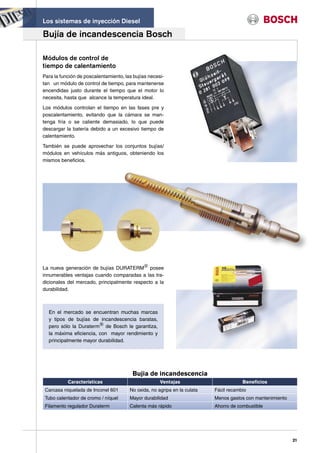 Los sistemas de inyección Diesel

Bujía de incandescencia Bosch

Módulos de control de
tiempo de calentamiento
Para la función de poscalentamiento, las bujías necesi-
tan un módulo de control de tiempo, para mantenerse
encendidas justo durante el tiempo que el motor lo
necesita, hasta que alcance la temperatura ideal.

Los módulos controlan el tiempo en las fases pre y
poscalentamiento, evitando que la cámara se man-
tenga fría o se caliente demasiado, lo que puede
descargar la batería debido a un excesivo tiempo de
calentamiento.

También se puede aprovechar los conjuntos bujías/
módulos en vehículos más antiguos, obteniendo los
mismos beneficios.




La nueva generación de bujías DURATERM posee
innumerables ventajas cuando comparadas a las tra-
dicionales del mercado, principalmente respecto a la
durabilidad.



  En el mercado se encuentran muchas marcas
  y tipos de bujías de incandescencia baratas,
  pero sólo la Duraterm de Bosch le garantiza,
  la máxima eficiencia, con mayor rendimiento y
  principalmente mayor durabilidad.




                                        Bujia de incandescencia
           Características                           Ventajas                         Beneficios
 Carcasa niquelada de Inconel 601      No oxida, no agripa en la culata   Fácil recambio
 Tubo calentador de cromo / níquel     Mayor durabilidad                  Menos gastos con mantenimiento
 Filamento regulador Duraterm          Calenta más rápido                 Ahorro de combustible




                                                                                                           21
 