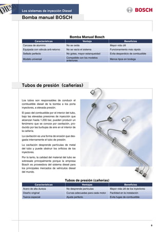 Los sistemas de inyección Diesel

Bomba manual BOSCH



                                           Bomba Manual Bosch
           Características                            Ventaja                           Beneficios
 Carcasa de aluminio                    No se oxida                        Mayor vida útil
 Equipada con válvula anti-retorno      No se vacía el sistema             Funcionamiento más rápido
 Sellado perfecto                       No gotea, mayor estanqueidad       Evita desperdicio de combustible
                                        Compatible con los modelos
 Modelo universal                                                          Menos tipos en bodega
                                        anteriores




Tubos de presión (cañerías)


Los tubos son responsables de conducir el
combustible diesel de la bomba a los porta
inyectores, a elevada presión.

El paso del combustible por el interior del tubo,
bajo las elevadas presiones de inyección que
alcanzan hasta 1.200 bar, pueden producir un
fenómeno que se conoce por cavitación, pro-
ducido por las burbujas de aire en el interior de
la cañería.

La cavitación es una forma de erosión que des-
gasta internamente el tubo de presión.

La cavitación desprende partículas de metal
del tubo y puede obstruir los orificios de los
inyectores.

Por lo tanto, la calidad del material del tubo se
sobresale principalmente porque la empresa
Bosch es proveedora del sistema diesel para
los principales mercados de vehículos diesel
del mundo.


                                       Tubos de presión (cañerías)
           Características                            Ventajas                          Beneficios
 Acero de alta dureza                   No desprende partículas            Mayor vida útil de los inyectores
 Diseño original                        Curvas adecuadas para cada motor   Facilidad en la instalación
 Tuerca especial                        Ajuste perfecto                    Evita fugas de combustible




                                                                                                               9
 