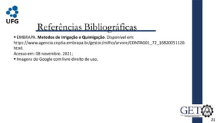 Referências Bibliográficas
 EMBRAPA. Metodos de Irrigação e Quimigação. Disponível em:
https://www.agencia.cnptia.embrapa.br/gestor/milho/arvore/CONTAG01_72_16820051120.
html.
Acesso em: 08 novembro. 2021;
 Imagens do Google com livre direito de uso.
21
 