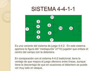 SISTEMA 4-4-1-1




Es una variante del sistema de juego 4-4-2. En este sistema
aparece la figura del “mediapunta” (nº10) ...