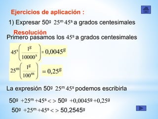 Ejercicios de aplicación :
1) Expresar 50g 25m 45s a grados centesimales
Resolución








m
g
m
100
1
25
g
0045,0
Primero pasamos los 45s a grados centesimales








s
g
s
10000
1
45
g
25,0
La expresión 50g 25m 45s podemos escribirla
50g +25m +45s   50g +0,0045g +0,25g
50g +25m +45s   50,2545g
 